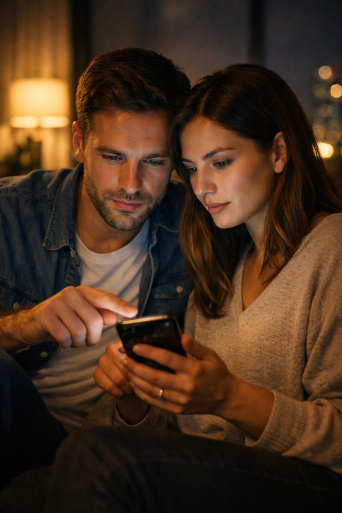 Pareja consultando por un proyecto inmobiliario de noche desde el celular